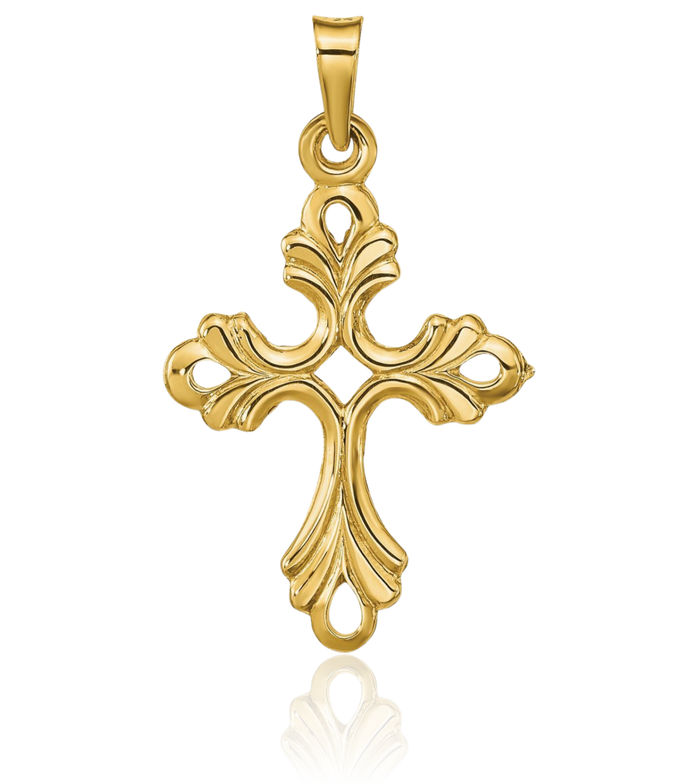 14K Solid Yellow Gold French Fleur De Lis Lily Flower Holy Cross Necklace Religious Chain Pendant Jesus Christ Charm