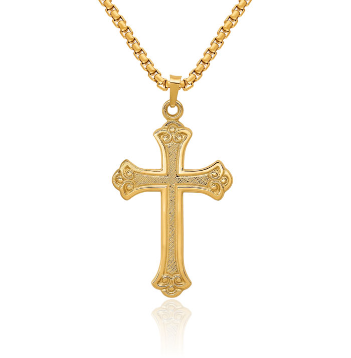14K Solid Yellow Gold French Fleur De Lis Lily Flower Holy Cross Necklace Religious Chain Pendant Jesus Christ Charm