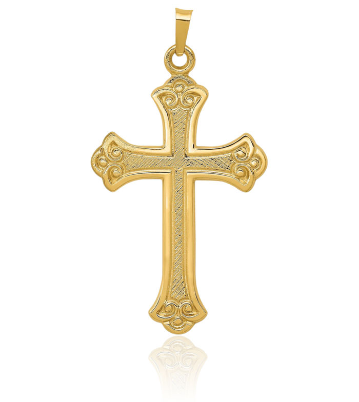 14K Solid Yellow Gold French Fleur De Lis Lily Flower Holy Cross Necklace Religious Chain Pendant Jesus Christ Charm