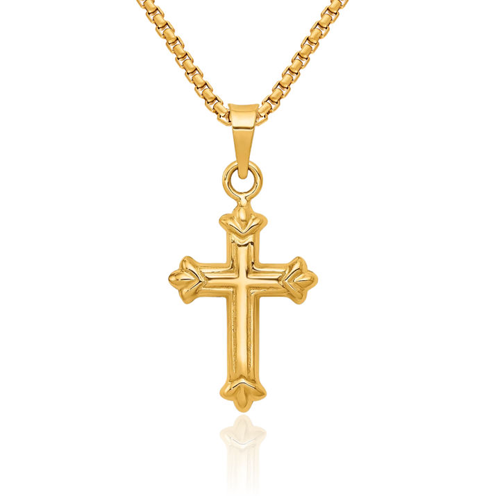 14K Solid Yellow Gold Fleur De Lis Flower Latin Mexican Holy Cross Necklace Religious Chain Pendant Jesus Christ Charm