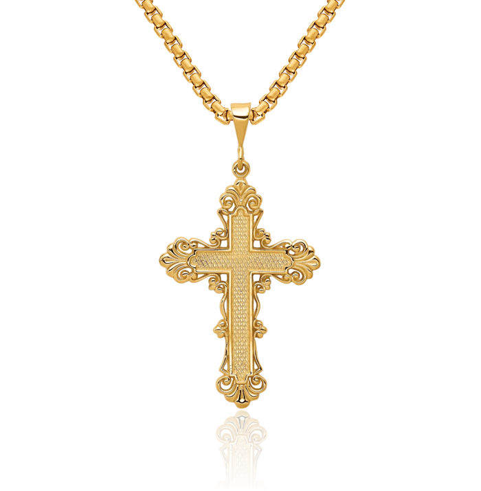 14K Solid Yellow Gold French Fleur De Lis Lily Flower Holy Cross Necklace Religious Chain Pendant Jesus Christ Charm