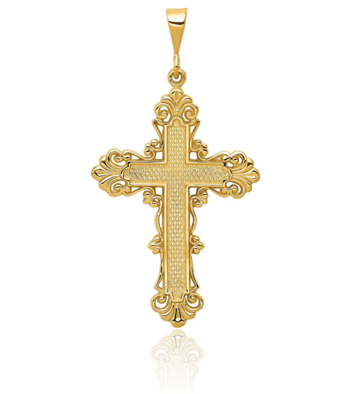 14K Solid Yellow Gold French Fleur De Lis Lily Flower Holy Cross Necklace Religious Chain Pendant Jesus Christ Charm