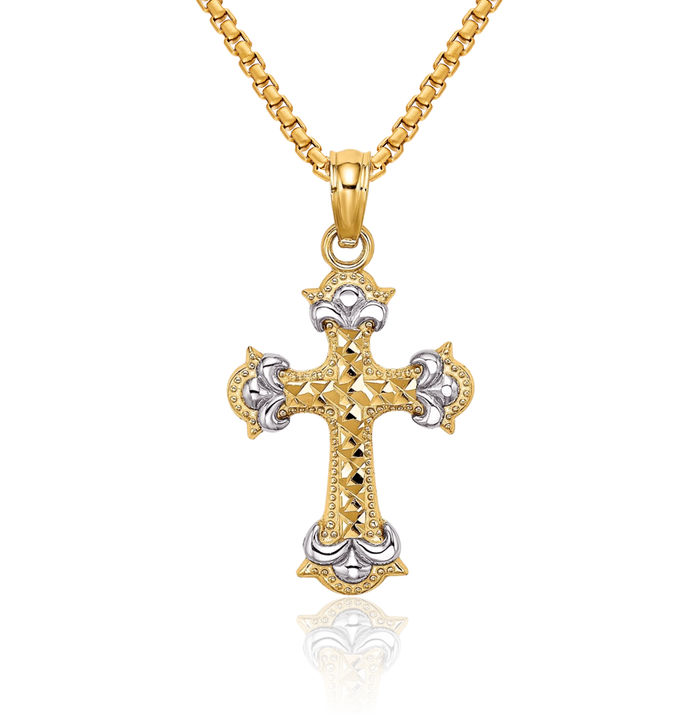 14K Solid Yellow Gold French Fleur De Lis Lily Flower Holy Cross Necklace Religious Chain Pendant Jesus Christ Charm