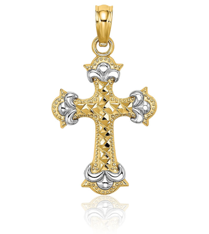 14K Solid Yellow Gold French Fleur De Lis Lily Flower Holy Cross Necklace Religious Chain Pendant Jesus Christ Charm