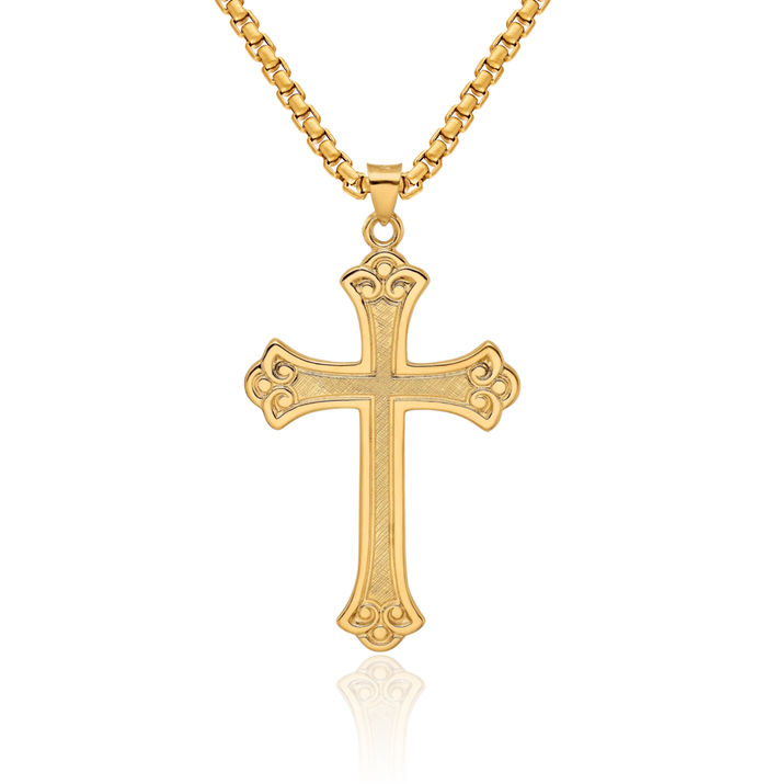 14K Solid Yellow Gold French Fleur De Lis Lily Flower Holy Cross Necklace Religious Chain Pendant Jesus Christ Charm