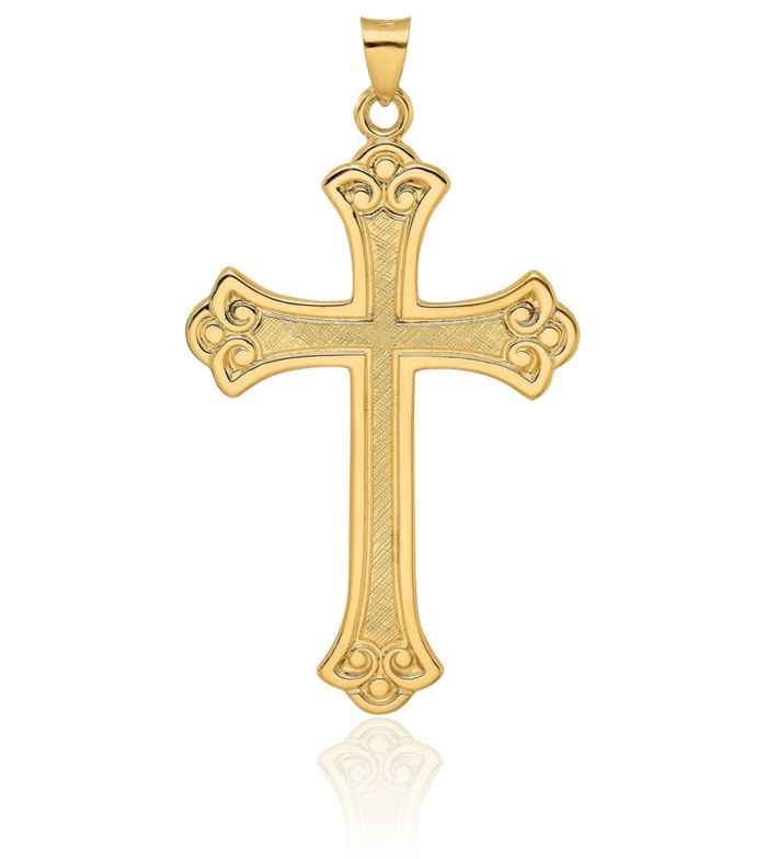 14K Solid Yellow Gold French Fleur De Lis Lily Flower Holy Cross Necklace Religious Chain Pendant Jesus Christ Charm