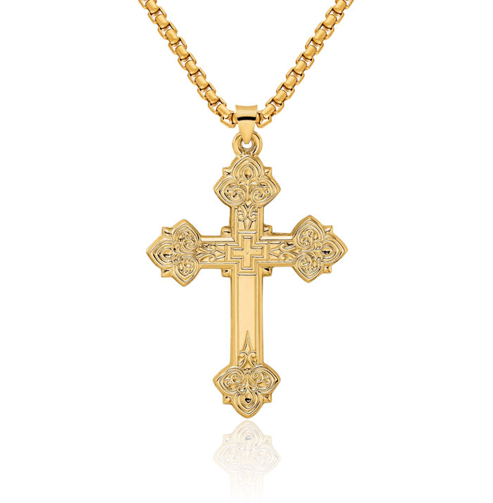 14K Solid Yellow Gold French Fleur De Lis Lily Flower Holy Cross Necklace Religious Chain Pendant Jesus Christ Charm