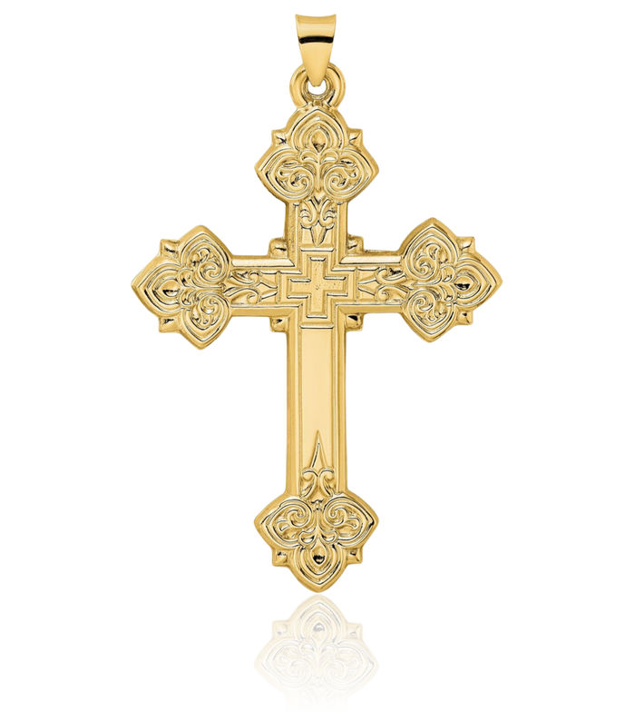 14K Solid Yellow Gold French Fleur De Lis Lily Flower Holy Cross Necklace Religious Chain Pendant Jesus Christ Charm