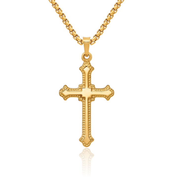 14K Solid Yellow Gold French Fleur De Lis Lily Flower Holy Cross Necklace Religious Chain Pendant Jesus Christ Charm