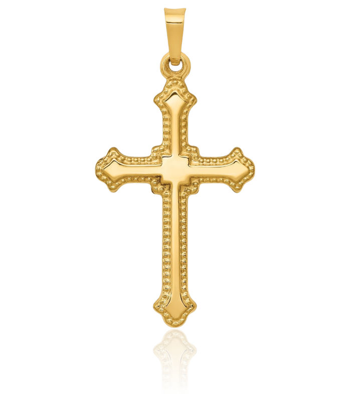 14K Solid Yellow Gold French Fleur De Lis Lily Flower Holy Cross Necklace Religious Chain Pendant Jesus Christ Charm