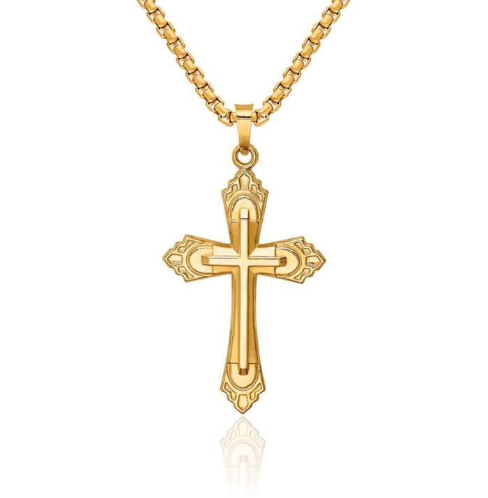 14K Solid Yellow Gold Fleur De Lis Flower Holy Cross Necklace Religious Chain Pendant Jesus Christ Charm