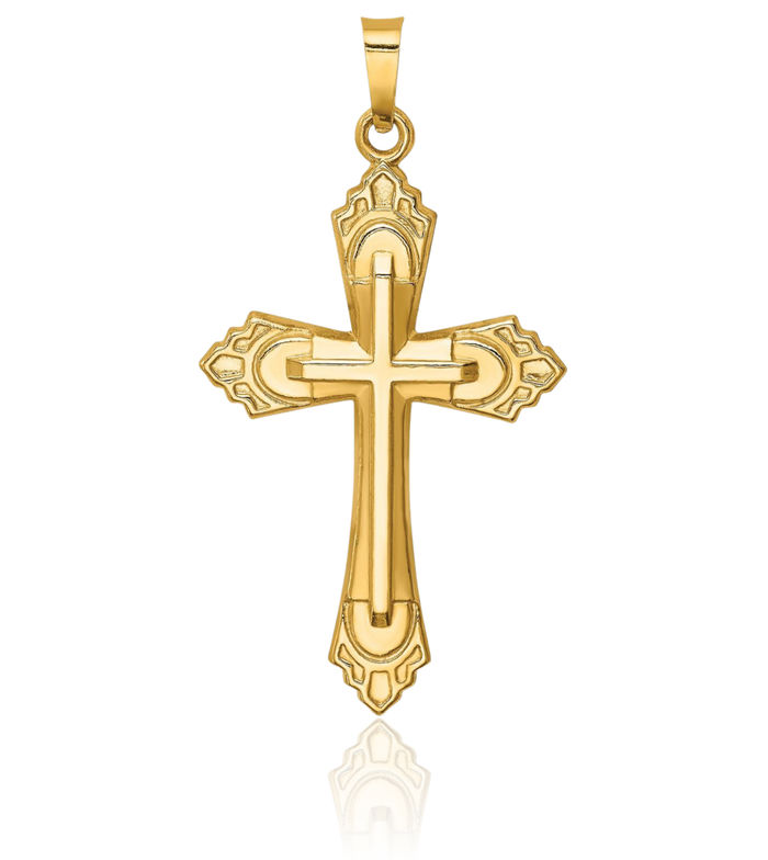 14K Solid Yellow Gold Fleur De Lis Flower Holy Cross Necklace Religious Chain Pendant Jesus Christ Charm