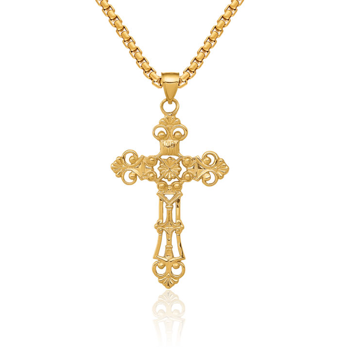 14K Solid Yellow Gold French Fleur De Lis Lily Flower Holy Cross Necklace Religious Chain Pendant Jesus Christ Charm