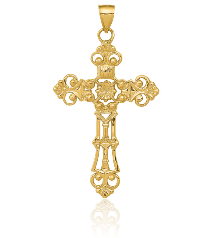 14K Solid Yellow Gold French Fleur De Lis Lily Flower Holy Cross Necklace Religious Chain Pendant Jesus Christ Charm