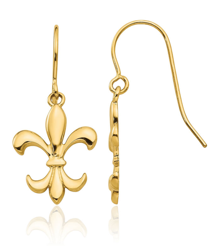 14K Solid Yellow Gold French Fleur De Lis Lily Flower Drop Dangle Earrings