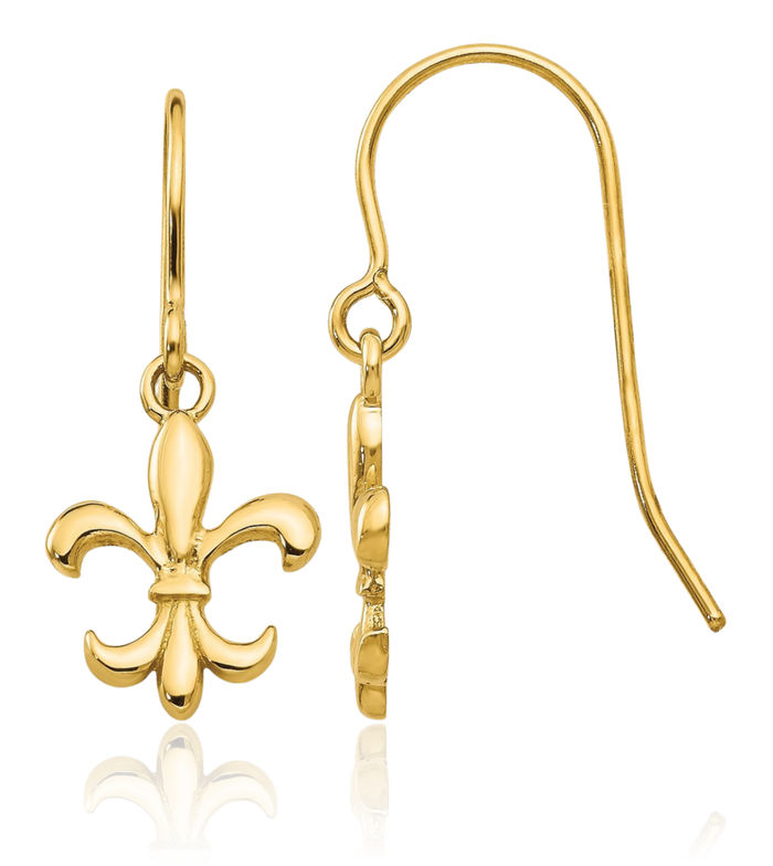 14K Solid Yellow Gold French Fleur De Lis Lily Flower Drop Dangle Earrings