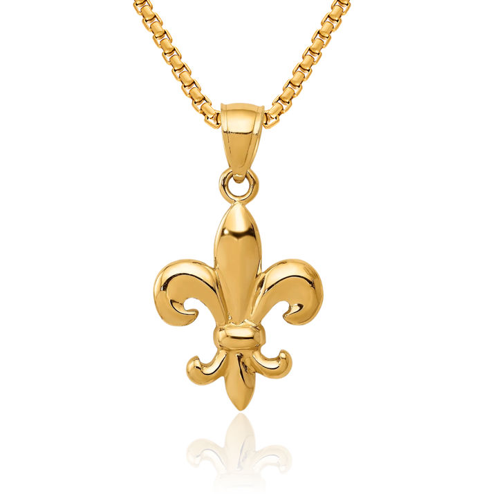 14K Solid Yellow Gold French Fleur De Lis Lily Flower Necklace Religious Chain Pendant Saint Charm