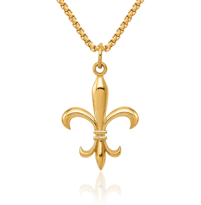 14K Solid Yellow Gold French Fleur De Lis Lily Flower Necklace Religious Chain Pendant Saint Charm