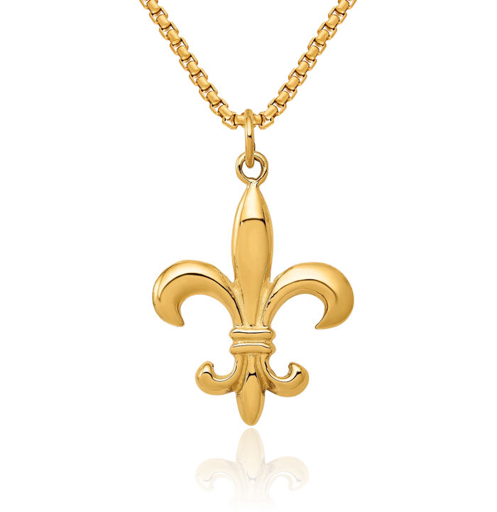 14K Solid Yellow Gold French Fleur De Lis Lily Flower Necklace Religious Chain Pendant Saint Charm