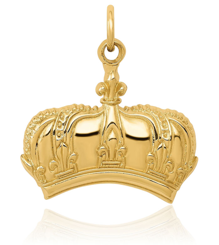 14K Solid Yellow Gold French Fleur De Lis Lily Flower Royal Princess Crown Necklace Religious Chain Pendant Saint Charm