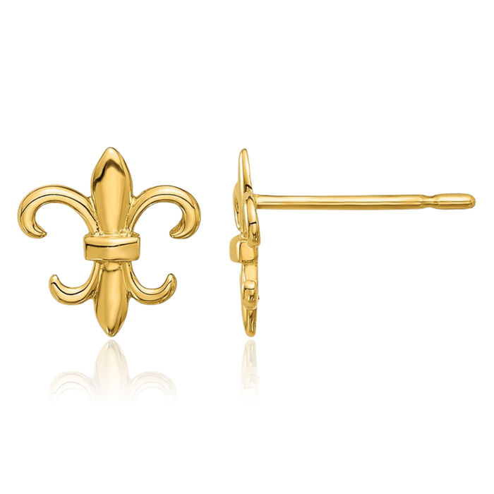 14K Solid Yellow Gold French Fleur De Lis Lily Flower Stud Earrings