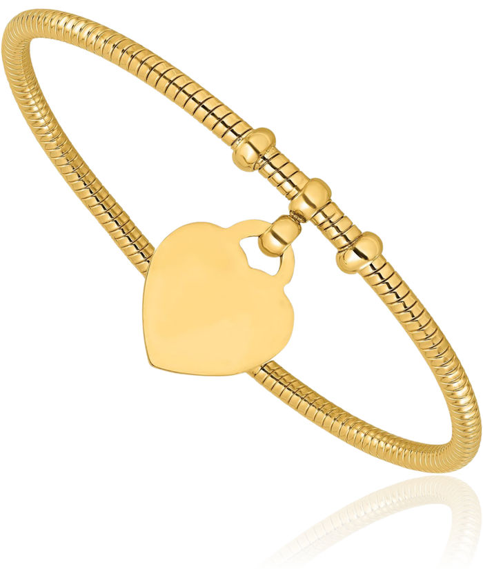 14K Solid Yellow Gold Flexible Heart Dangling Bangle Bracelet