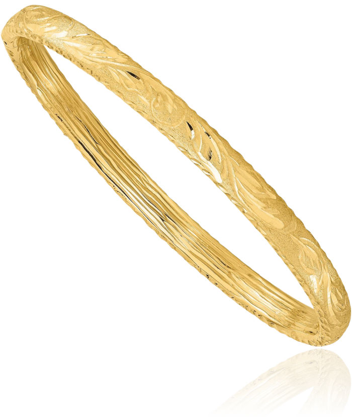 14K Solid Yellow Gold Flower Bangle Bracelet