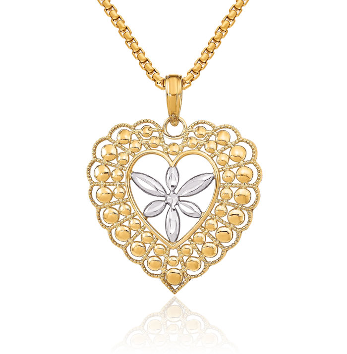 14K Solid Yellow Gold Flower Beaded Heart Necklace Love Pendant Charm