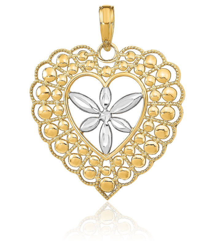 14K Solid Yellow Gold Flower Beaded Heart Necklace Love Pendant Charm