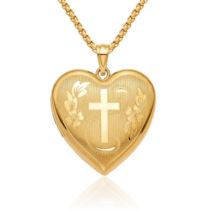 14K Solid Yellow Gold Flower Cross Ash Holder Heart Personalized Photo Locket Cremation Necklace Memorial Charm Urn Pendant