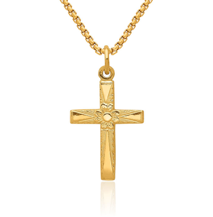 14K Solid Yellow Gold Flower Latin Mexican Holy Cross Necklace Religious Chain Pendant Jesus Christ Charm