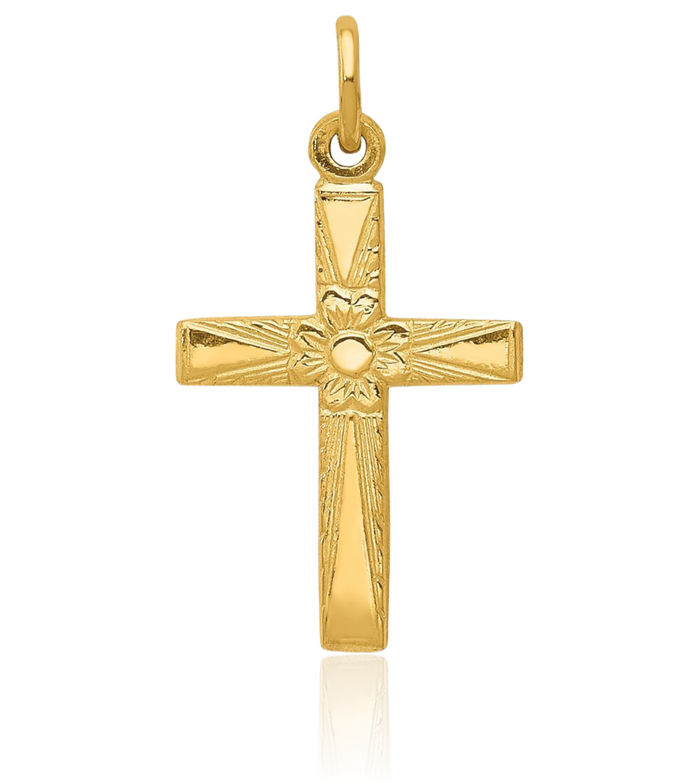 14K Solid Yellow Gold Flower Latin Mexican Holy Cross Necklace Religious Chain Pendant Jesus Christ Charm