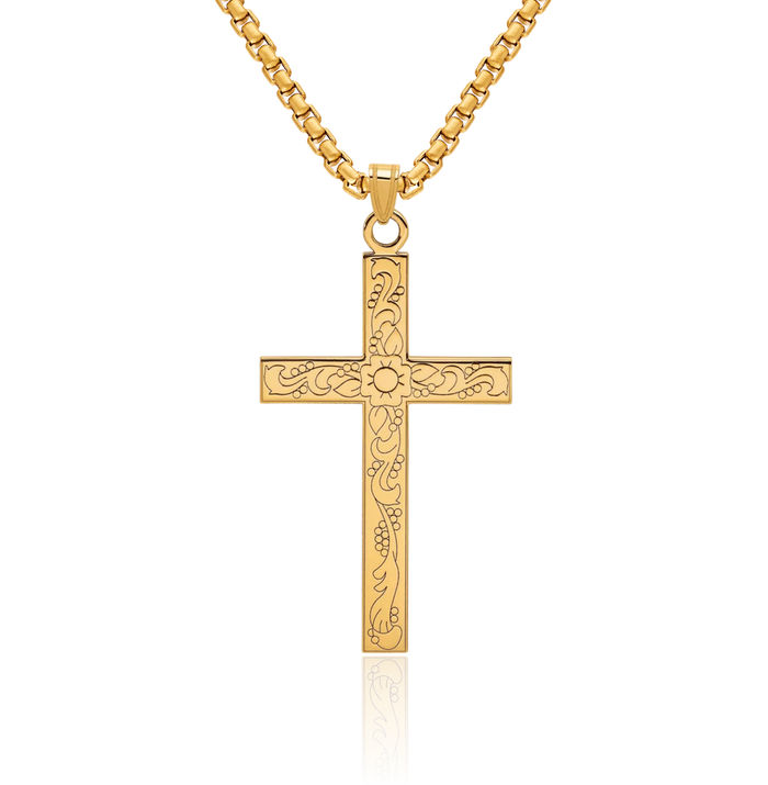 14K Solid Yellow Gold Flower Latin Mexican Holy Cross Necklace Religious Chain Pendant Jesus Christ Charm