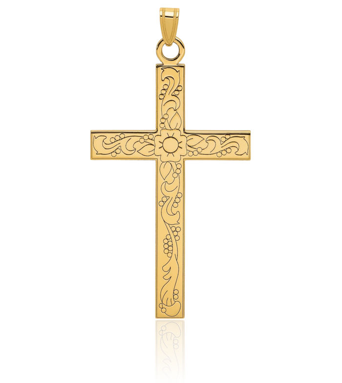 14K Solid Yellow Gold Flower Latin Mexican Holy Cross Necklace Religious Chain Pendant Jesus Christ Charm