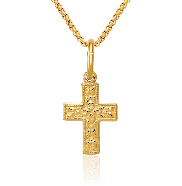 14K Solid Yellow Gold Flower Latin Mexican Holy Cross Necklace Religious Chain Pendant Jesus Christ Charm