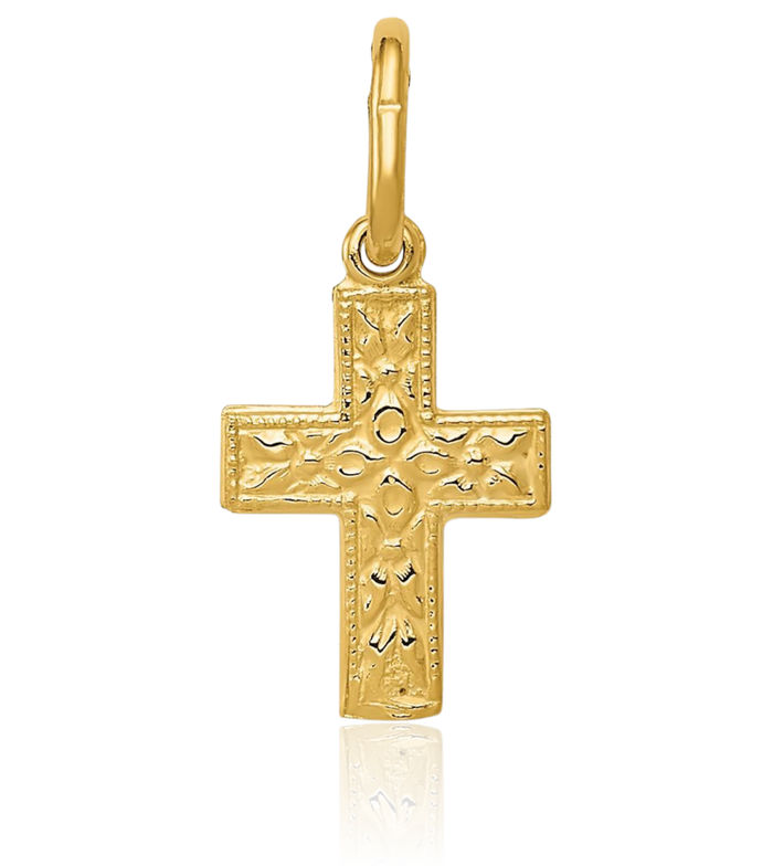 14K Solid Yellow Gold Flower Latin Mexican Holy Cross Necklace Religious Chain Pendant Jesus Christ Charm