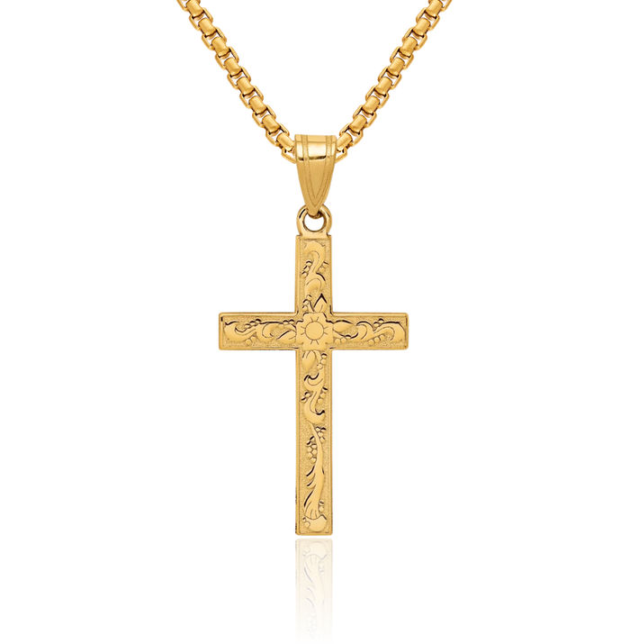 14K Solid Yellow Gold Flower Latin Mexican Holy Cross Necklace Religious Chain Pendant Jesus Christ Charm