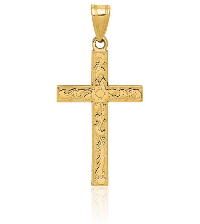 14K Solid Yellow Gold Flower Latin Mexican Holy Cross Necklace Religious Chain Pendant Jesus Christ Charm