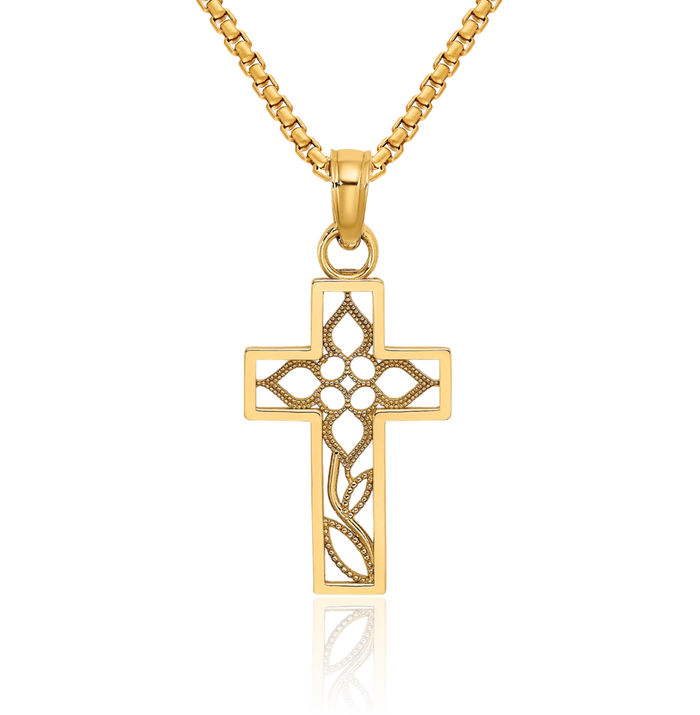 14K Solid Yellow Gold Flower Latin Mexican Holy Cross Necklace Religious Chain Pendant Jesus Christ Charm