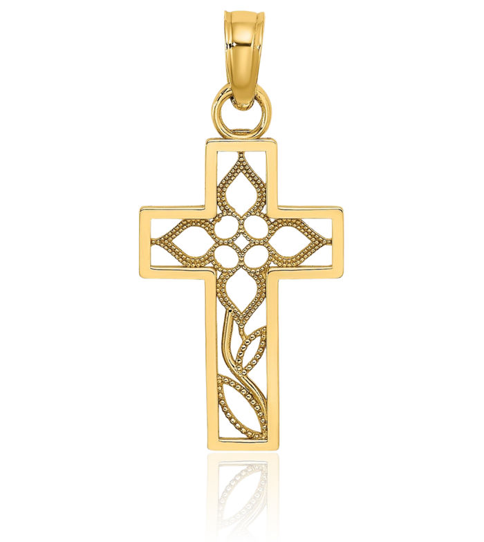 14K Solid Yellow Gold Flower Latin Mexican Holy Cross Necklace Religious Chain Pendant Jesus Christ Charm