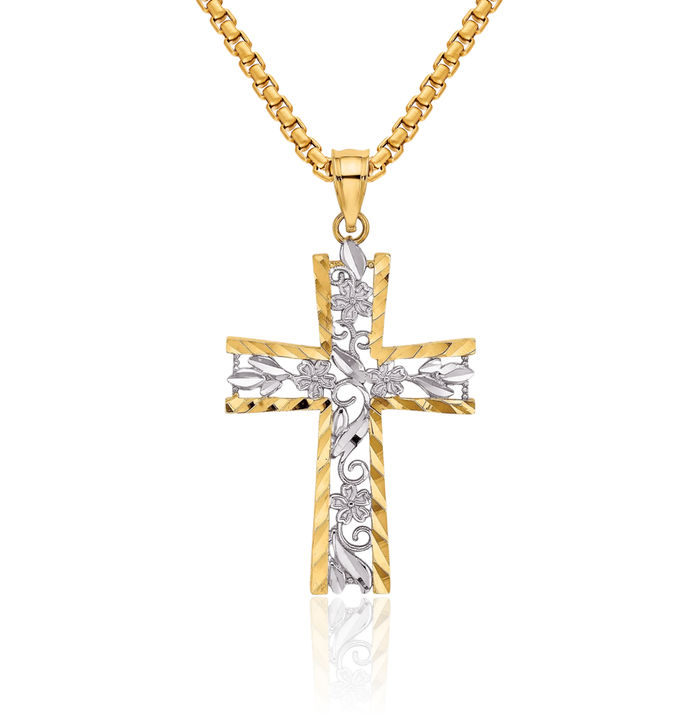 14K Solid Yellow Gold Flower Holy Cross Necklace Religious Chain Pendant Jesus Christ Charm