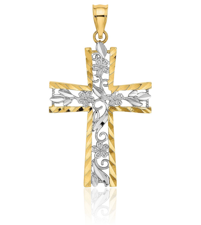 14K Solid Yellow Gold Flower Holy Cross Necklace Religious Chain Pendant Jesus Christ Charm