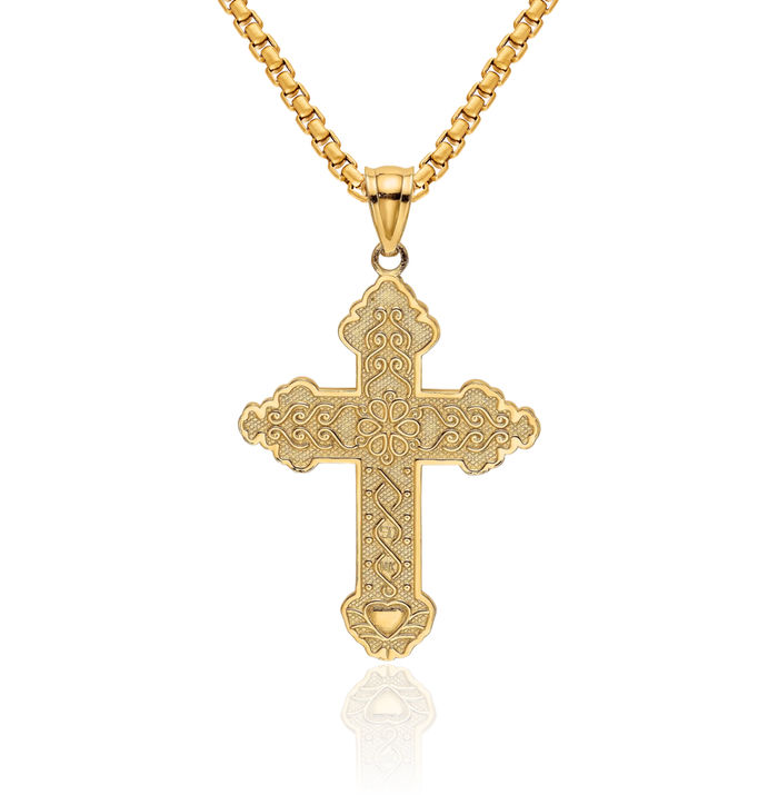 14K Solid Yellow Gold Flower Holy Cross Necklace Religious Chain Pendant Jesus Christ Charm