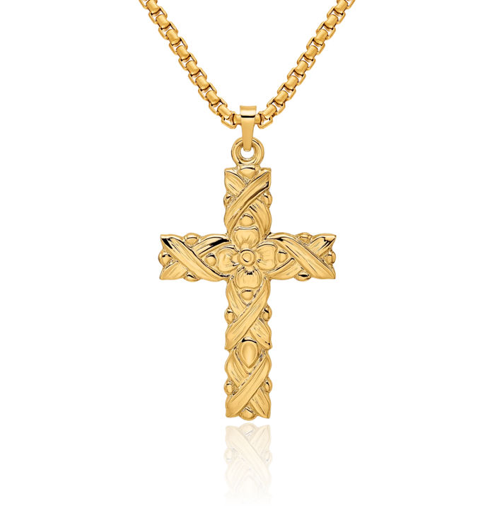 14K Solid Yellow Gold Flower Latin Mexican Holy Cross Necklace Religious Chain Pendant Jesus Christ Charm