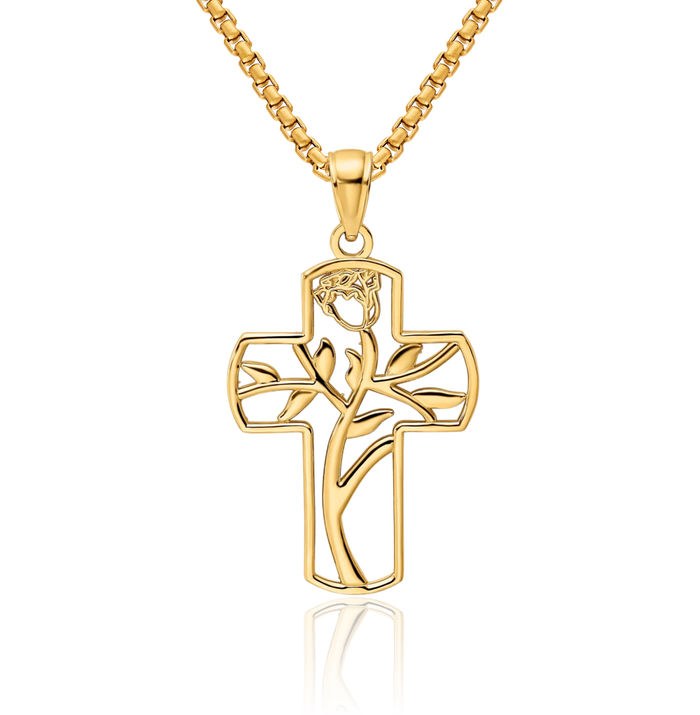 14K Solid Yellow Gold Flower Latin Mexican Holy Cross Necklace Religious Chain Pendant Jesus Christ Charm