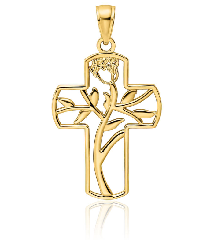 14K Solid Yellow Gold Flower Latin Mexican Holy Cross Necklace Religious Chain Pendant Jesus Christ Charm