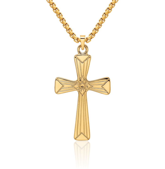 14K Solid Yellow Gold Flower Latin Mexican Holy Cross Necklace Religious Chain Pendant Jesus Christ Charm