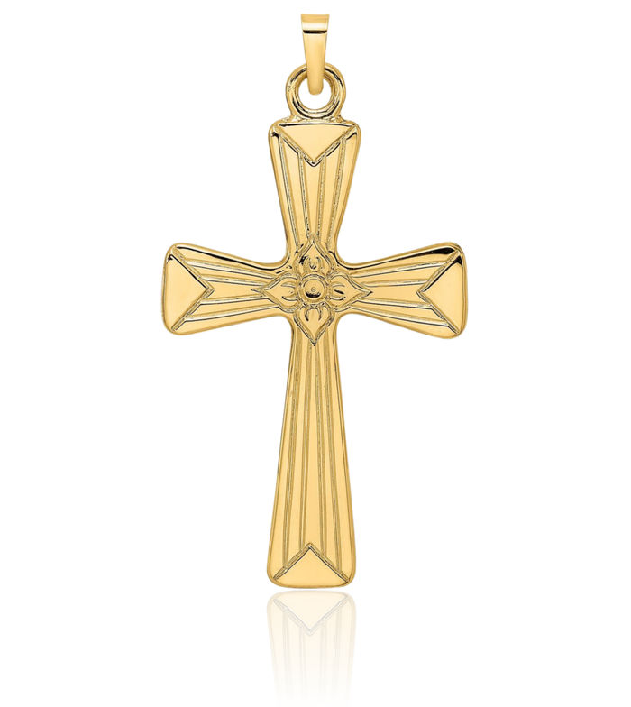 14K Solid Yellow Gold Flower Latin Mexican Holy Cross Necklace Religious Chain Pendant Jesus Christ Charm