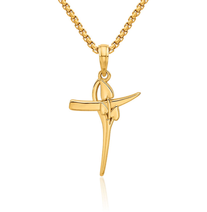 14K Solid Yellow Gold Flower Holy Cross Necklace Religious Chain Pendant Jesus Christ Charm