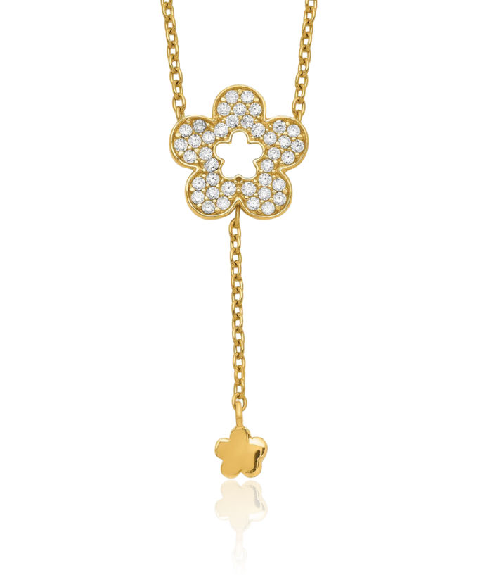 14K Solid Yellow Gold Flower Cubic Zirconia CZ Chain Necklace